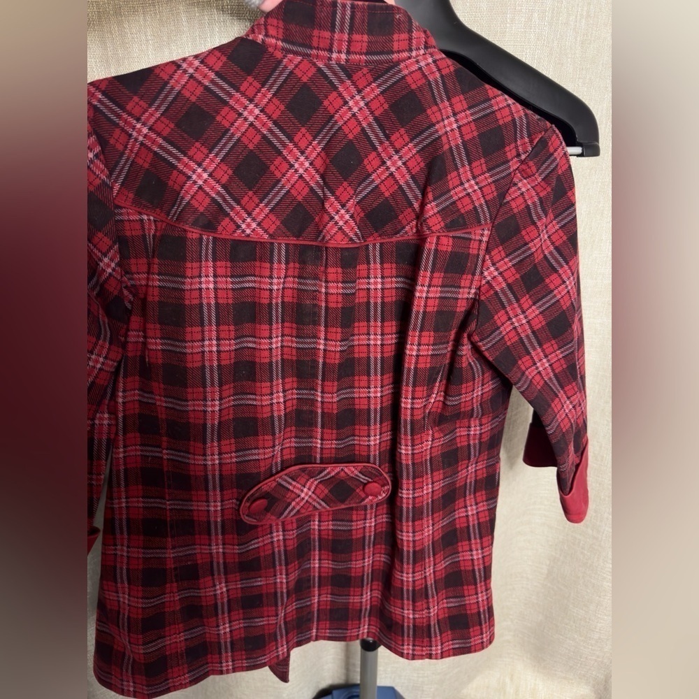 Anthropologie Flying Tomato Red and Black Plaid Pleated Coat Jacket Size L - Picture 7 of 7